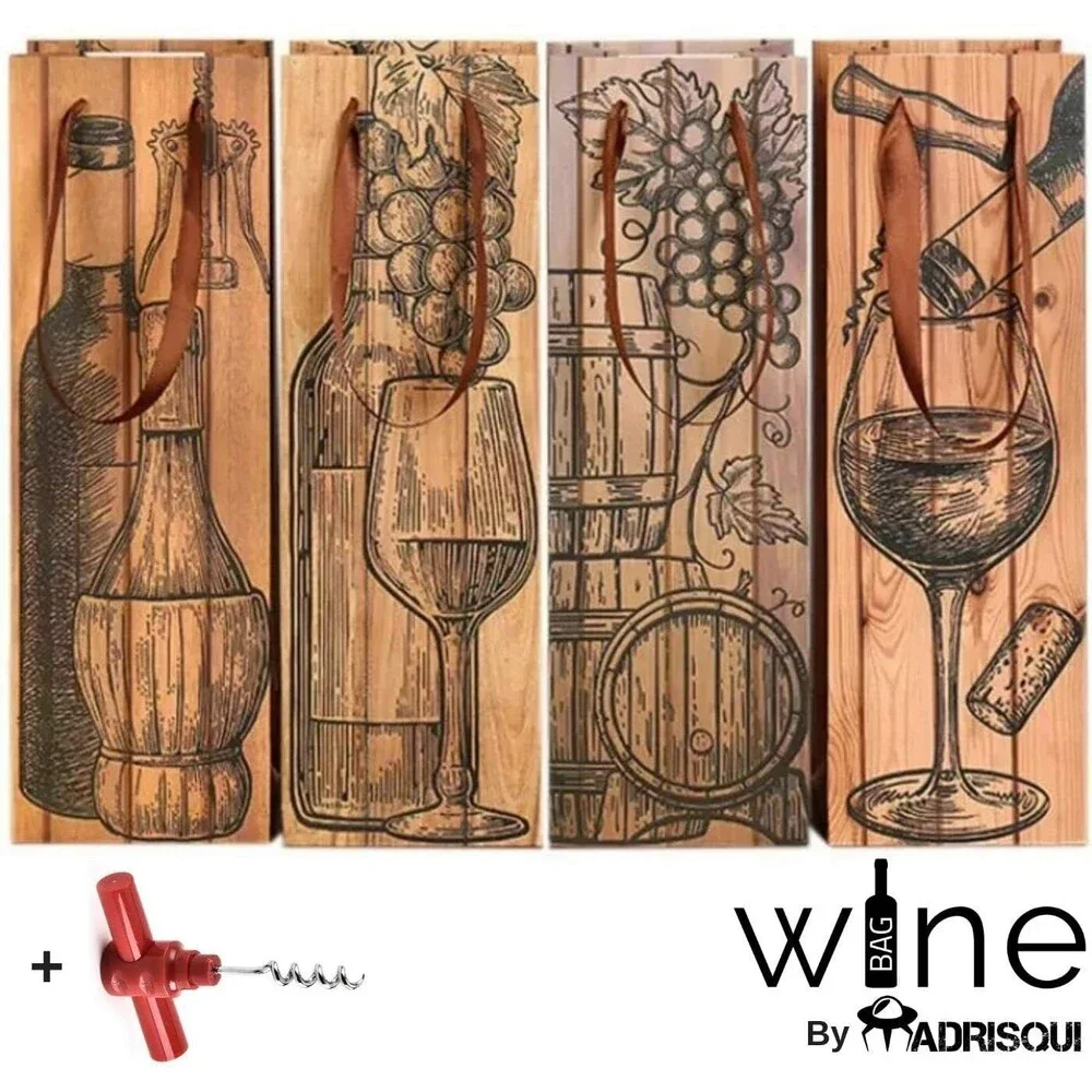 Set of 4 Elegant Wine Gift Bags w/ Bonus Corkscrew Bottle - Printed Luxury Bags